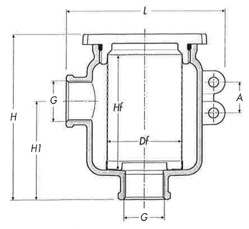 Messing-vernikkeld koelwaterfilter met RVS 316 zeef, 1", H=105mm, 49500l/u - 001160edims 72dpi - 9001160E