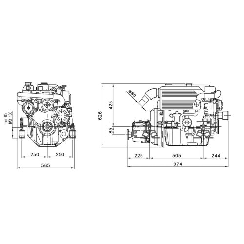 Sol&eacute; Scheepsdieselmotor Mini 62 35 HP met Technodrive SeaProp saildrive, R=2.15:1 - 022167 04 72dpi - 9022167