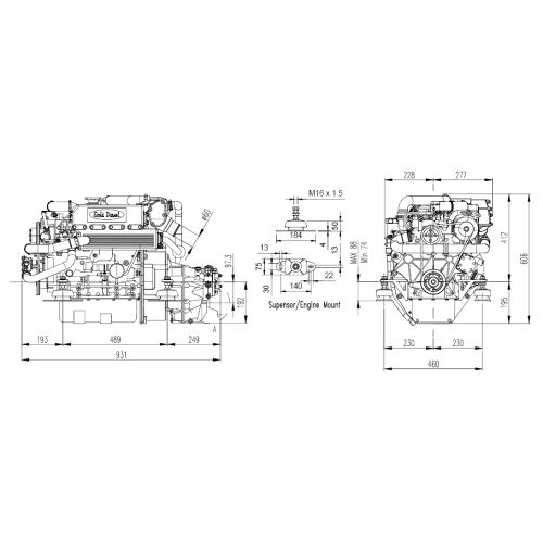 Sol&eacute; Scheepsdieselmotor Mini 55 TURBO met Technodrive keerkoppeling TM345, R=2.47:1 - 022206 dims new 1 - 9022207