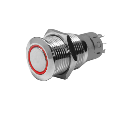 RVS Ring LED drukschakelaar, ON/OFF, 12V, boorgat &Oslash;16mm, inbouwdiepte 36mm, rood LED - 025250 72dpi - 9025250