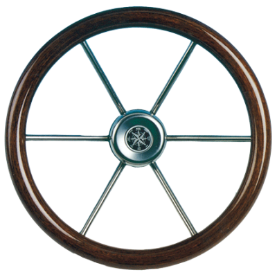 6-Spaaks stuurwiel 'Leader Wood' RVS met mahoniehouten rand, &Oslash;360mm, diepte 95,4mm - 062111 72dpi - 9062111