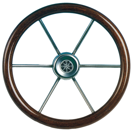 6-Spaaks stuurwiel 'Leader Wood' RVS met mahoniehouten rand, &Oslash;360mm, diepte 95,4mm - 062111 72dpi - 9062111