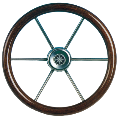 6-Spaaks stuurwiel 'Leader Wood' RVS met teakhouten rand, &Oslash;360mm, diepte 95,4mm - 062111 t 72dpi - 9062111/T