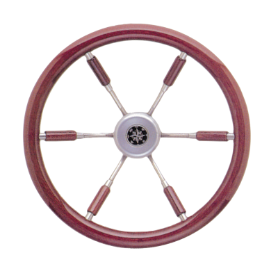 6-Spaaks stuurwiel 'Leader Prestige' RVS met mahoniehouten rand en deels spaken, &Oslash;360mm, diepte 95,4mm - 062118 72dpi - 9062118
