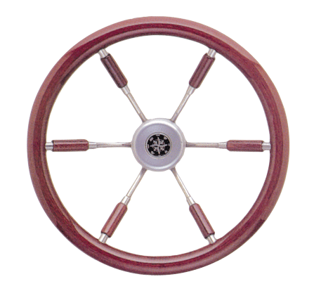 6-Spaaks stuurwiel 'Leader Prestige' RVS met mahoniehouten rand en deels spaken, &Oslash;380mm, diepte 95,4mm - 062119 72dpi - 9062119