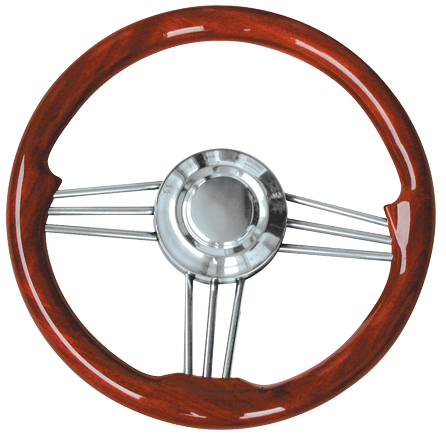 3-Spaaks stuurwiel 'model 15' RVS met mahoniehouten rand, &Oslash;350mm, diepte 40mm - 068700 72dpi - 9068700