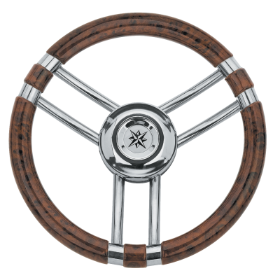3-Spaaks stuurwiel 'model 22' RVS met Wortelnotenhout-look rand, &Oslash;350mm, diepte 60mm - 068711 72dpi - 9068711