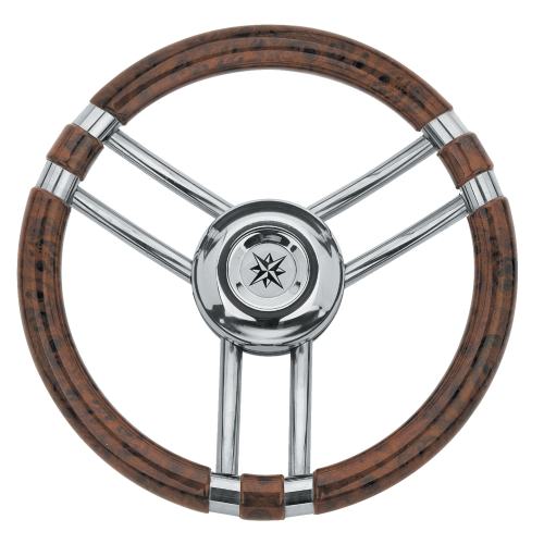 3-Spaaks stuurwiel 'model 22' RVS met Wortelnotenhout-look rand, &Oslash;350mm, diepte 60mm - 068711 72dpi - 9068711