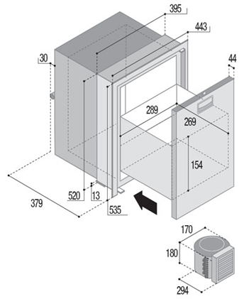 RVS inbouwkoellade 'Sea Drawer', model 'DW42', 42l, 12V/24V met steellock en extern compressor koelunit - 075801 01 72dpi - 9075801