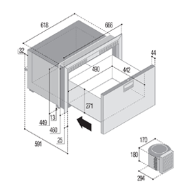 RVS inbouwvrieslade 'Sea Drawer' model 'DW70BTX', 75l, 12/24V, ext. compressor - 075802tek 72dpi - 9075802