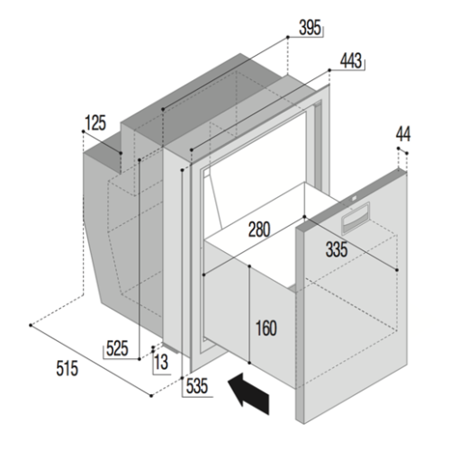 RVS inbouwkoellade met vriesvak 'Sea Drawer', model 'DW51', 51l, 12V/24V met Steellock en intern compressor koelunit - 075808tek 72dpi - 9075808