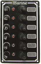 Aluminium schakelpaneel, 12V, 170x100mm, 6-schakelaars, 5A glaszekeringen & controlelampjes - 078617 72dpi - 9078617
