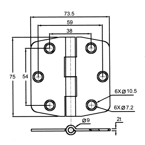 RVS Afgedekt scharnier verzonken, 75x74x3mm - 098118 1 72dpi - 9098118
