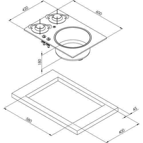 Kookplaat 2-pits Inbouw,met Glas +RVS-bak 600x30x420mm - 487525dims 72dpi - 487525