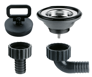Kunststof rechte afvoer, 1-1/4", met RVS zeef & rubber stop - 488026 - 488026