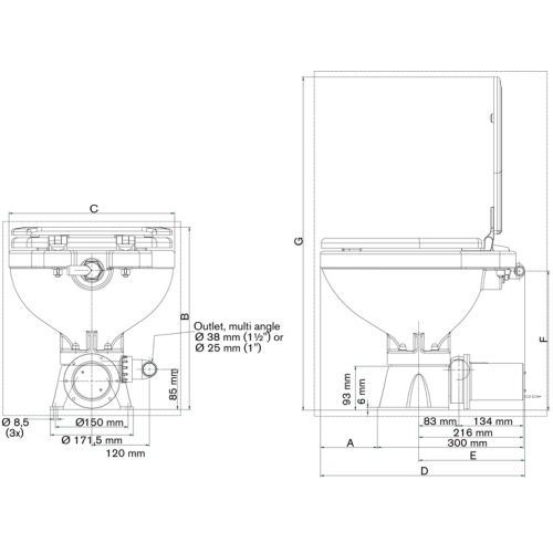 Johnson Pump AquaT silent-electric scheepstoilet, 12V/13A, compact pot - 66804723101dims 72dpi - 66804723101