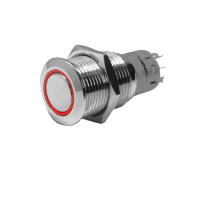 RVS Ring LED drukschakelaar, ON/OFF, 24V, boorgat &Oslash;16mm, inbouwdiepte 36mm, rood LED - 9025255 - 9025255