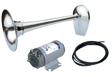 Verchroomde messing scheepshoorn + compressor, 1-tonig, &Oslash;200mm, 12V (123dB(A)-630Hz) met keur - 905045 1 - 905045