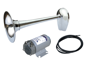 Verchroomde messing scheepshoorn + compressor, 1-tonig, &Oslash;200mm, 12V (123dB(A)-630Hz) met keur - 905045 - 905045
