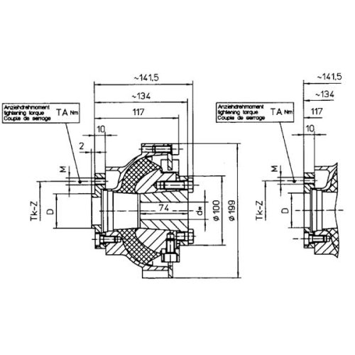 Centaflex koppeling, M-160 1.0, max. 500Nm (plezier), D=63,5mm, Tk=82,5 & 108mm, Z=4x90&deg;, M=M10 - 9088002 1 1 - 9088002