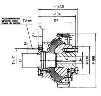 Centaflex koppeling, M-160 2.3, max. 500Nm (plezier), D=65mm, Tk=100mm, Z=4x90&deg;, M=M10 - 9088002yanmr23 2 - 9088002YANMR23