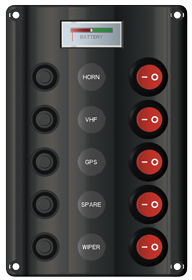 Schakelpaneel, 12V, 5-schakelaars & LED-indicators, Auto Fuse, afm. 160x107mm, spatwaterdicht, 1x5A, 2x10A, 2x15A zekeringen - L0610225 72dpi - L0610225