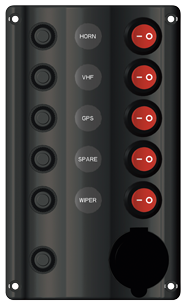 Schakelpaneel, 12V, 5-schakelaars & LED-indicators, Auto Fuse, afm. 180x107mm, spatwaterdicht, 1x5A, 2x10A, 2x15A - L0610226 72dpi - L0610226