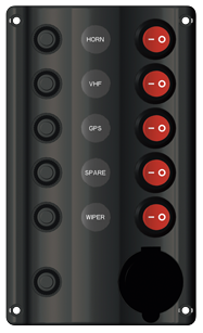 Schakelpaneel, 12V, 5-schakelaars & LED-indicators, Auto Fuse, afm. 180x107mm, spatwaterdicht, 1x5A, 2x10A, 2x15A - L0610226 72dpi - L0610226