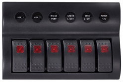 Schakelpaneel, 12V, 6-schakelaars & LED-indicators, Auto Fuse, afm. 183x120mm, waterdicht, 2x5A, 2x10A, 2x15A zekeringen - L0611176 72dpi - L0611176