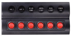 Schakelpaneel, 12V, 6-schakelaars & LED-indicators, Auto Fuse, afm. 183x90mm, waterdicht, 2x5A, 2x10A, 2x15A zekeringen - L0611186 72dpi - L0611186