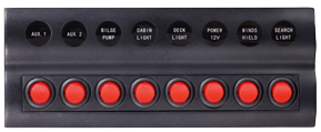 Schakelpaneel, 12V, 8-schakelaars & LED-indicators, Auto Fuse, afm. 235x90mm, waterdicht, 2x5A, 3x10A, 3x15A zekeringen - L0611188 72dpi - L0611188