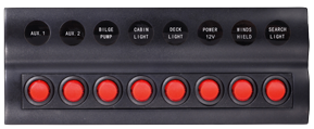 Schakelpaneel, 12V, 8-schakelaars & LED-indicators, Auto Fuse, afm. 235x90mm, waterdicht, 2x5A, 3x10A, 3x15A zekeringen - L0611188 72dpi - L0611188