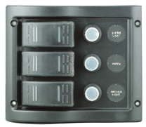 Schakelpaneel, 12V, 3-schakelaars & LED-indicators, autom. zekeringen (5A, 10A, 15A) - L0680013 72dpi - L0680013